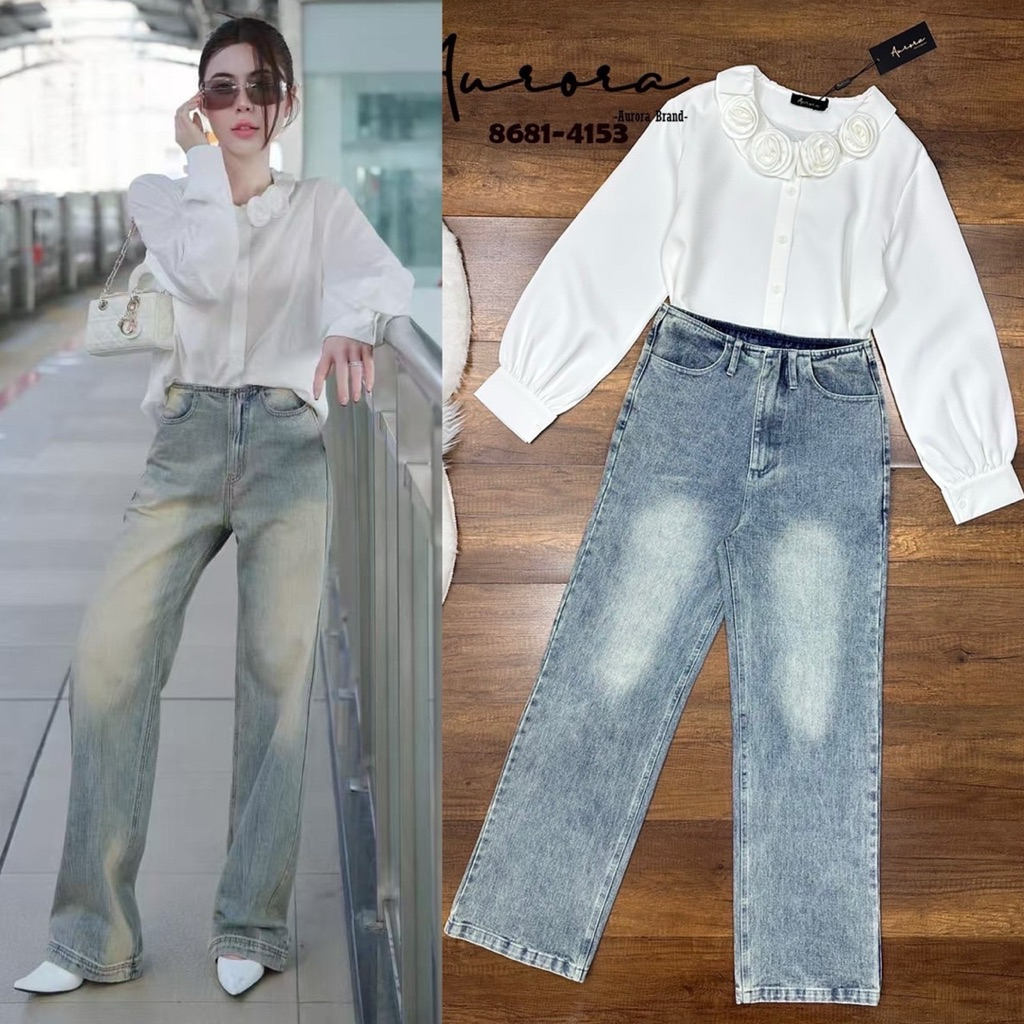 พร้อมส่ง เติม S-L ⚡️AR 8681 เซตเสื้อเชิ้ตสีขาว+กางเกงยีนส์ขายาว สไตล์สาวเวียด