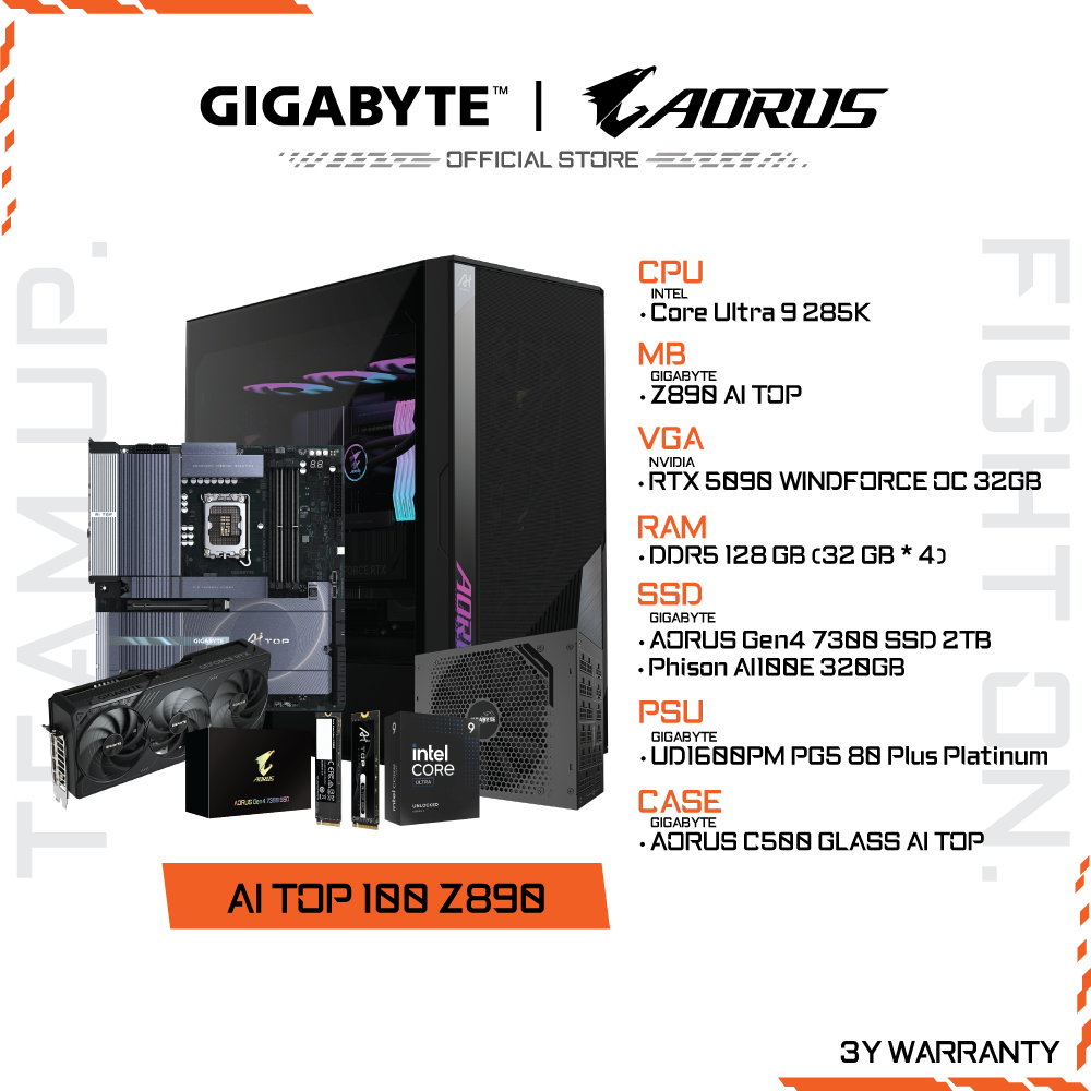 GIGABYTE AI TOP 100 Z890 (คอมประกอบ) | Core Ultra 9 285K | RTX5090 WINDFORCE | RAM 128GB (32x4) | WA