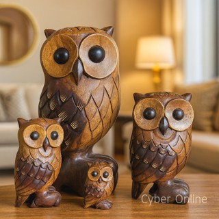 นกฮูก  ไม้จามจุรี  นกฮูกไม้แกะสลัก  แกะลายรอบตัว   8 ไซส์  ต…