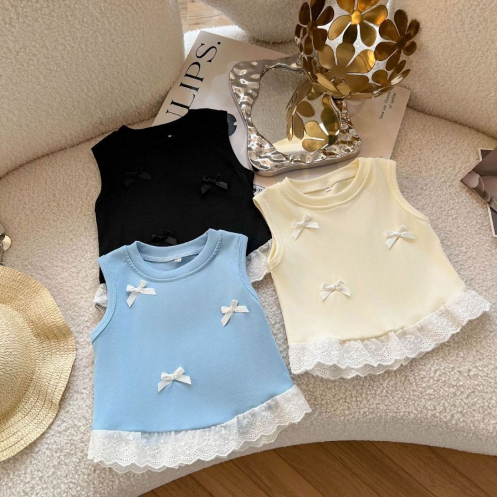 [พร้อมส่งจากไทย] เสื้อแขนกุดเด็ก เสื้อเด็กติดโบว์ เสื้อเด็ก