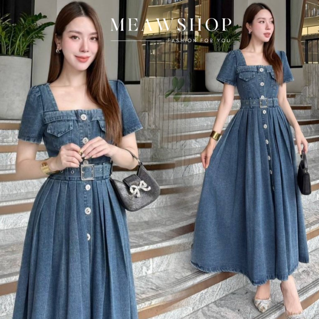 S-XL เดรสยาวผ้ายีนส์ คอเหลี่ยม แขนสั้น ชุดทำงานผู้หญิง ชุดไปงาน ชุดเพื่อนเจ้าสาว ชุดยีนส์ ชุดไปทะเล 