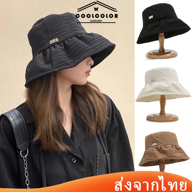 ในไทย💖หมวกบักเก็ตแฟชั่นสีทึบ สไตล์เกาหลี การออกแบบจีบ ปีกกว้าง พับได้เป็ ให้ความอบอุ่น สําหรับผู้หญิง