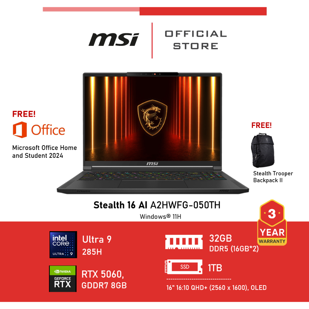 [Pre-Order] MSI Stealth 16 AI A2HWFG-050TH (NVIDIA® GeForce RTX™ 5060 Laptop GPU, GDDR7 8GB) Laptop