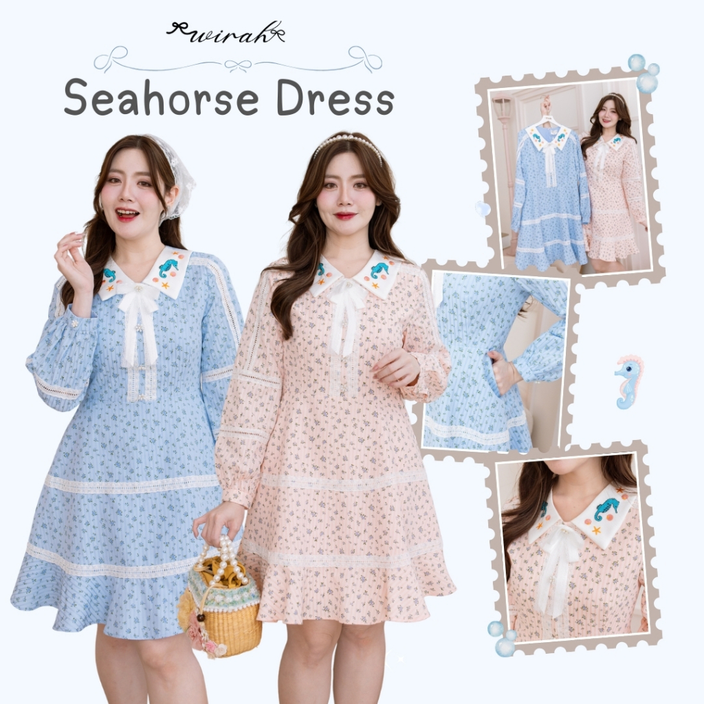 「 Wirah_Brand 」DW215 Seahorse Dress ชุดเดรสสั้นผ้าค๊อตตอนทอลาย ปกบัวแหลมผ้าพื้นปักลายท้องทะเลที่ปก