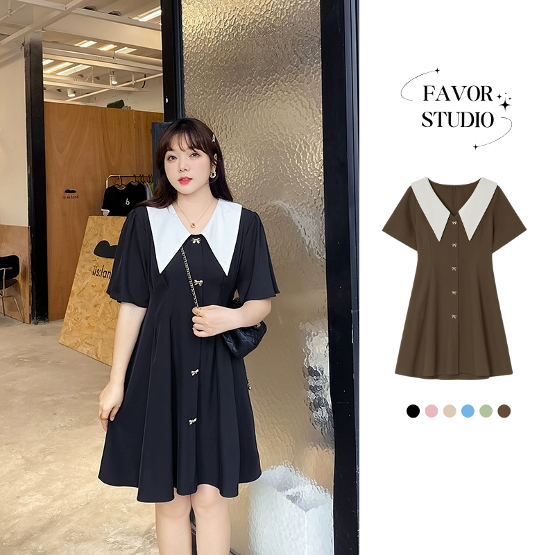 【S-5XL】🌈5สี เดรสพลัสไซส์ กระดุมโบว์ คอปกแหลม ชายระบาย ใส่สบาย เหมาะสำหรับสาวอวบ ใส่ทำงาน ออกงาน ดูดี