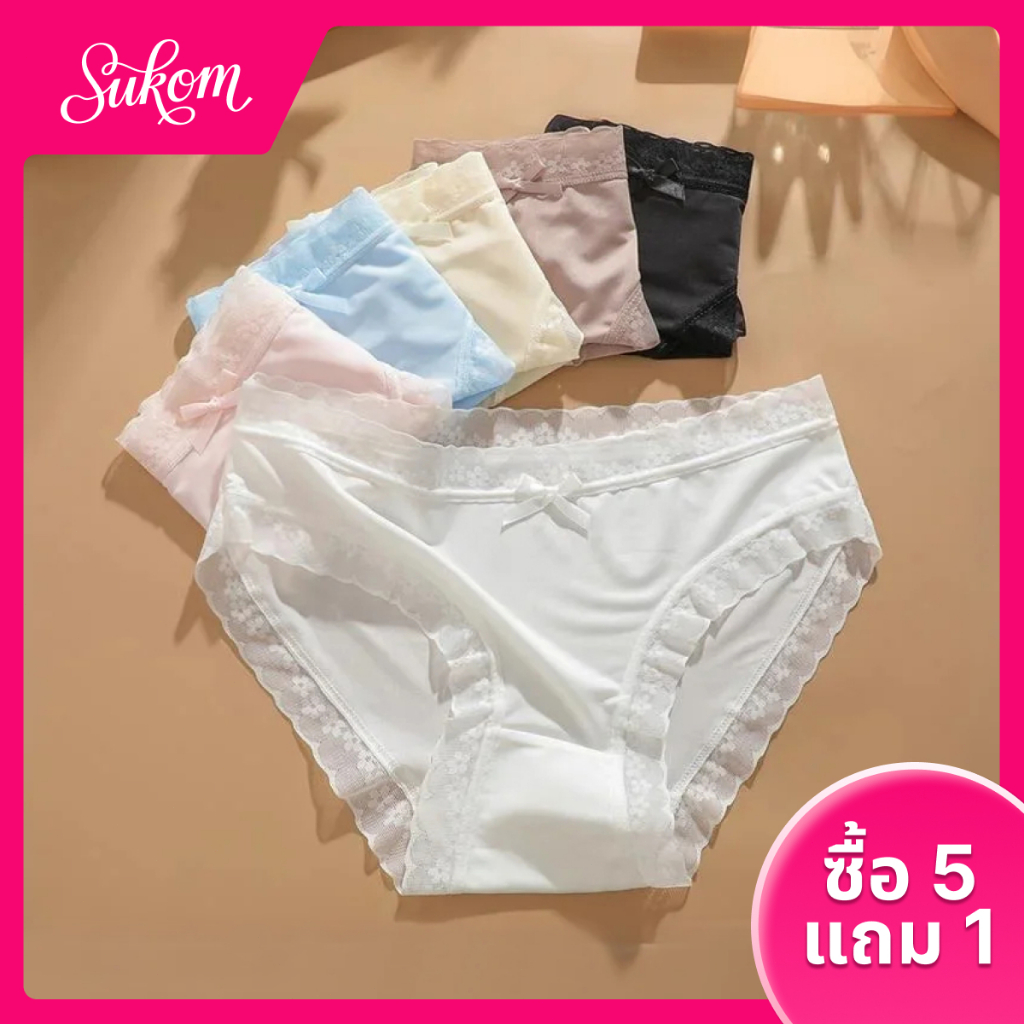 [ซื้อ 5 ชิ้น แถมฟรี 1 ชิ้น] กางเกงชั้นในไร้ตะเข็บสำหรับผู้หญิง ดีไซน์โบว์ลูกไม้ สวมใส่สบาย ระบายอากาศได้ดี เหมาะสำหรับเล