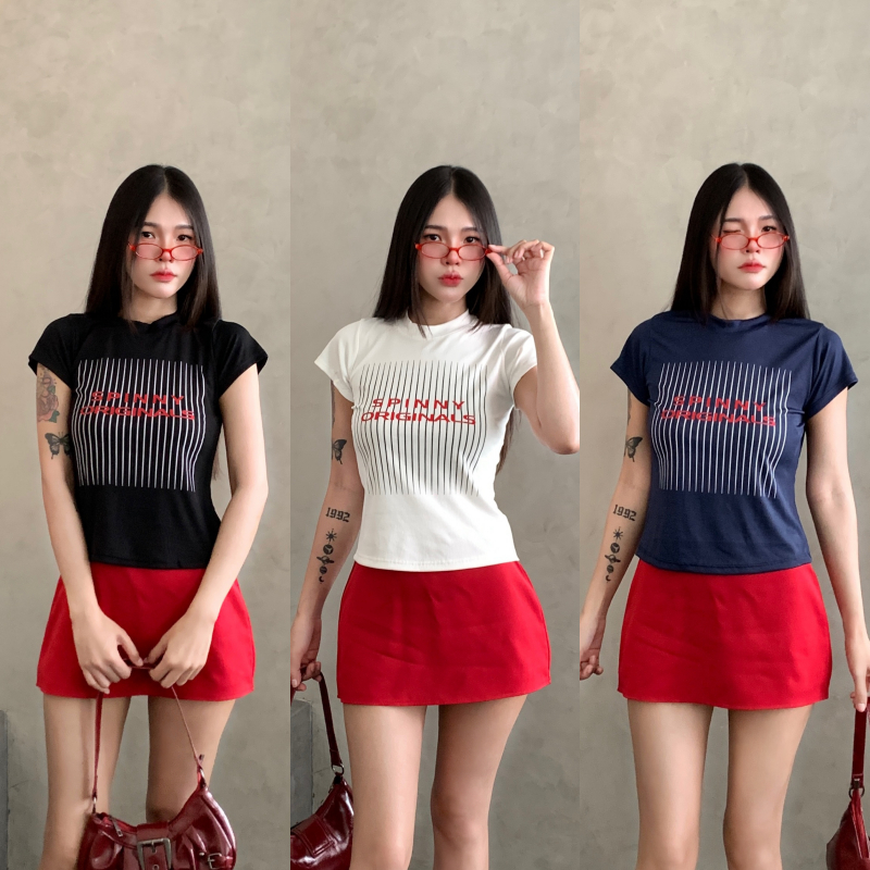 เสื้อยืดรัดรูป เสื้อยืดผู้หญิง สกรีนลาย สไตล์ Y2K สุด พร้อมส่ง เสื้อทรงสลิมฟิต ผ้าร่องยืด รุ่น กิมจิร่อง2 ORI