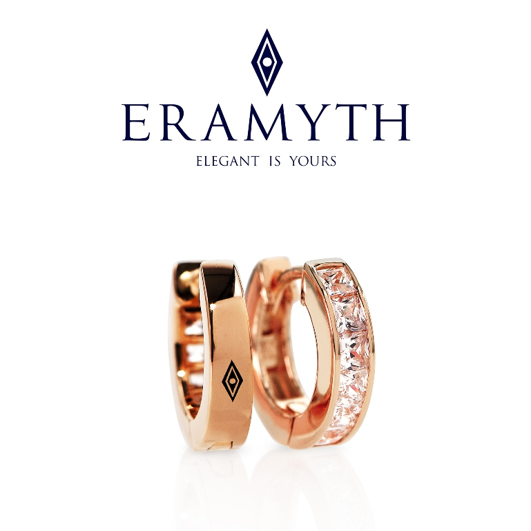 ต่างหูห่วง เงินแท้ 92.5 ชุบสีโรสโกลด์ ฝังเพชรสวิส CZ  ขนาด 14MM สินค้ามาตรฐานส่งออก Eramyth Jewelry 
