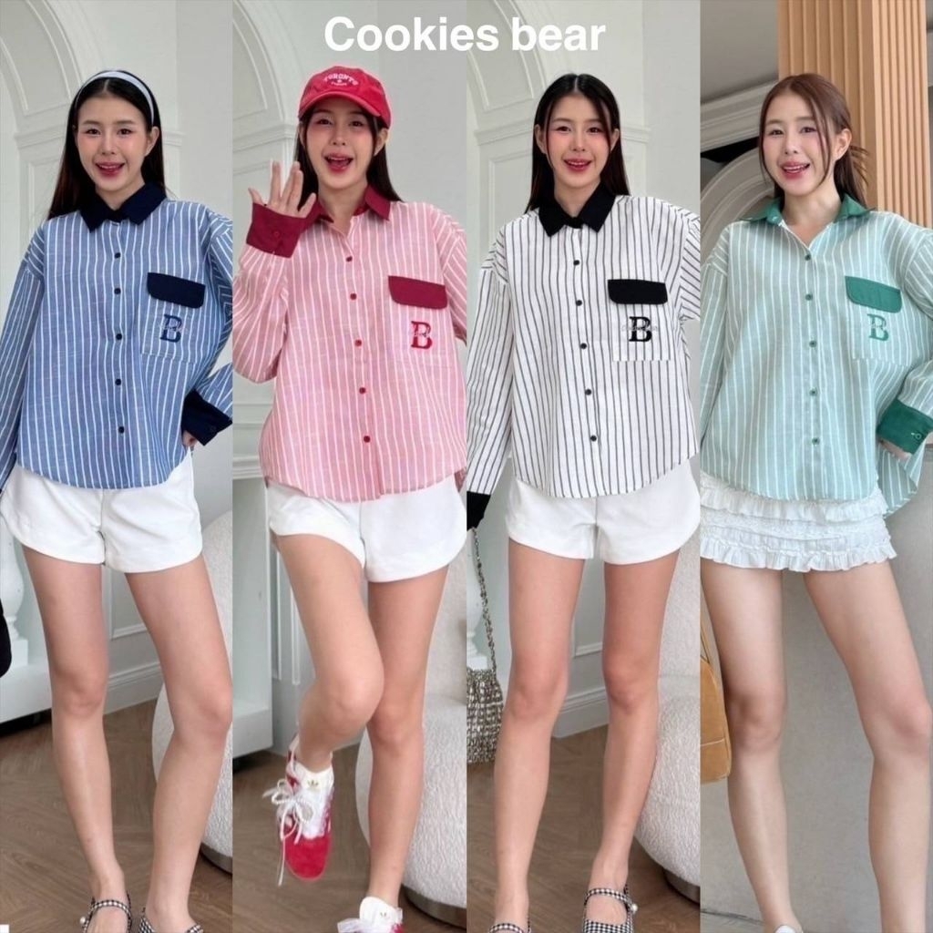 เสื้อเชิ้ตคอปกโอเวอร์ไซส์แขนยาวตัดปกสีผ้าลายริ้ว อก44