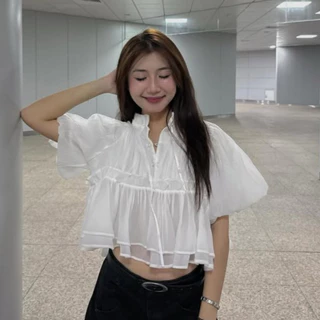เสื้อ เบบี้ดอลล์ แขนกระดุมหยก ทรงเสื้อครอป ผ้าไหมฟองน้ําสวยมาก แฟชั่น สไตล์เกาหลี(สงกรานต์)