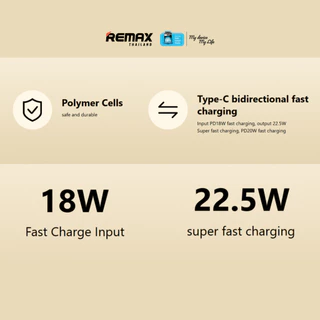 [ CCC ] Remax Power Bank 10000mAh RPP-120 - พาวเวอร์แบงค์ มีสายชาร์จในตัว Type-C ชาร์จเร็ว 22.5W มีสายคล้อง