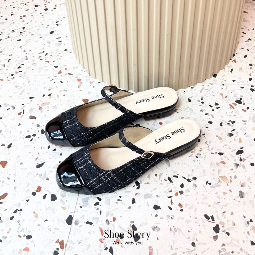 Shoe Story : รุ่น Mary Jane Groove Tweed รองเท้าแตะ ผ้าทวีต แมรี่เจน เปิดส้นใส่ง่าย เรียบหรู สีดำ สีสุภาพ