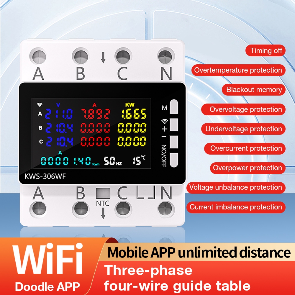 KWS-306WF เครื่องวัดพลังงาน Tuya WiFi เครื่องทดสอบพลังงาน หน้าจอสี ตารางรางนำทาง 3 เฟ