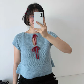 MOMOKA.KNIT🍑 เสื้อลายถักแขนสั้น ดีเทลโบว์🎀 Cute Knit Girl🌷