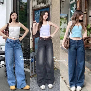 Acasey กางเกงยีนส์ผู้หญิง ขายาว ทรงใหม่ Low rise กระบอกกลาง เอวกลาง-ต่ำ ผ้าหนานุ่ม ผ้าไม่ยืด
