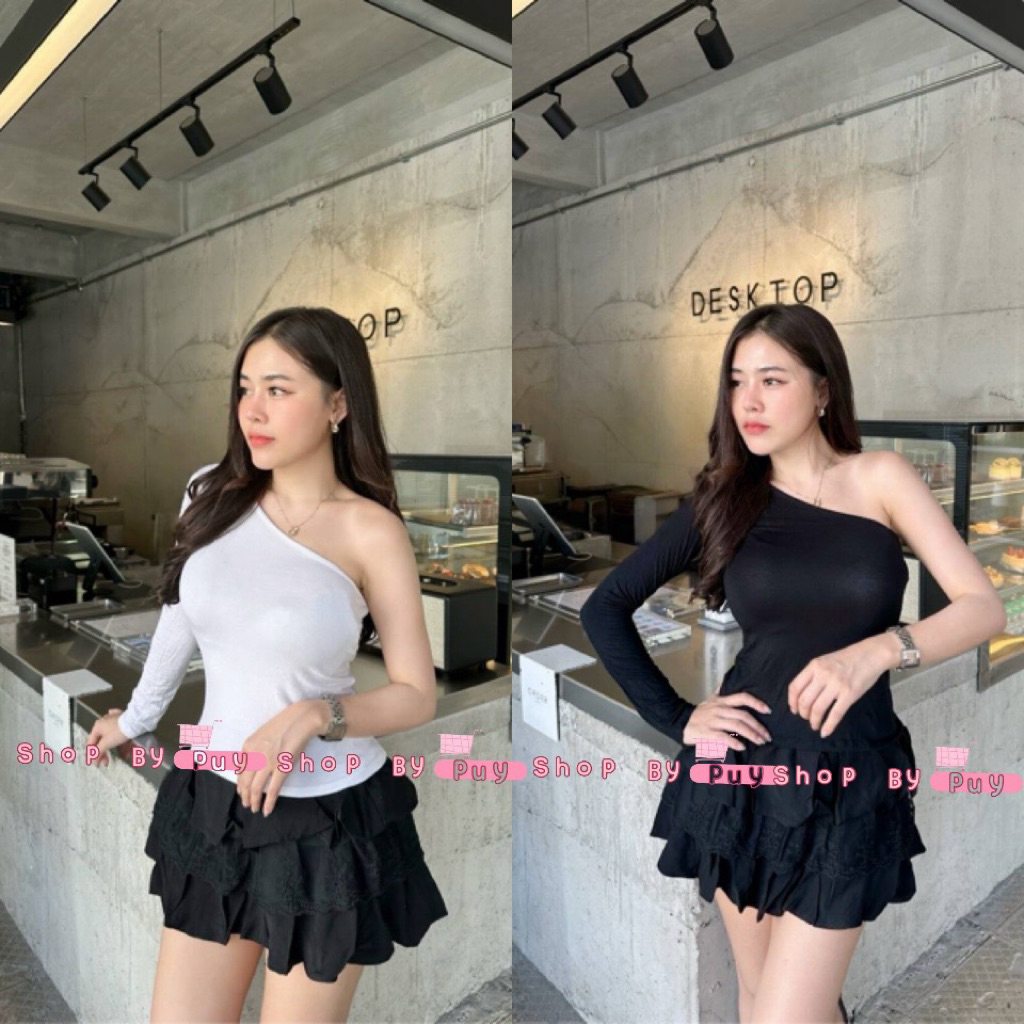 💕ShopBypuy💕เสื้อแขนยาวไหล่เบี่ยง💕เสื้อแขนเดียวแขนยาวผ้าเรย่อน