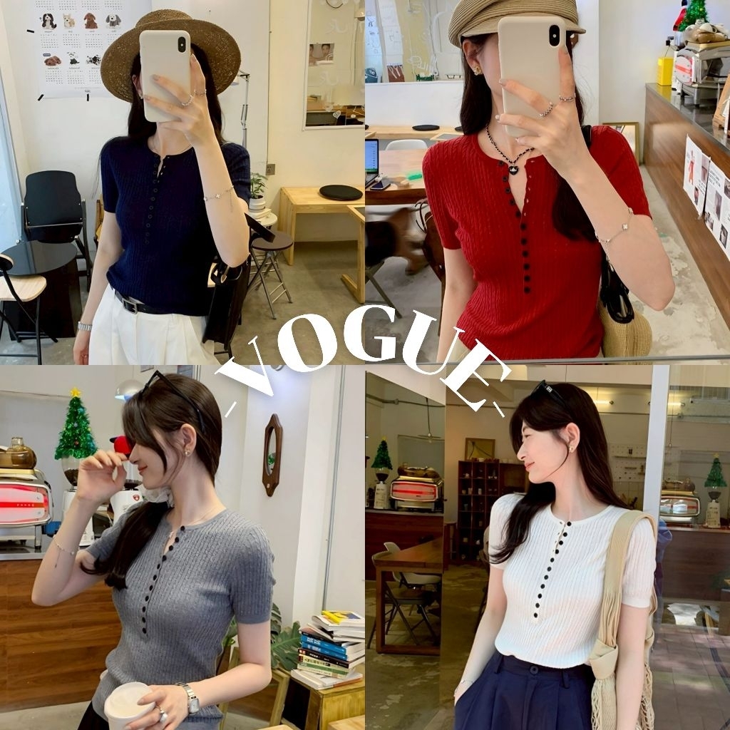 Vogue🌟พร้อมส่ง🌟 เสื้อยืดไหมพรม คอกลม ผ้าร่อง กระดุมด้านหน้า (W-B064)
