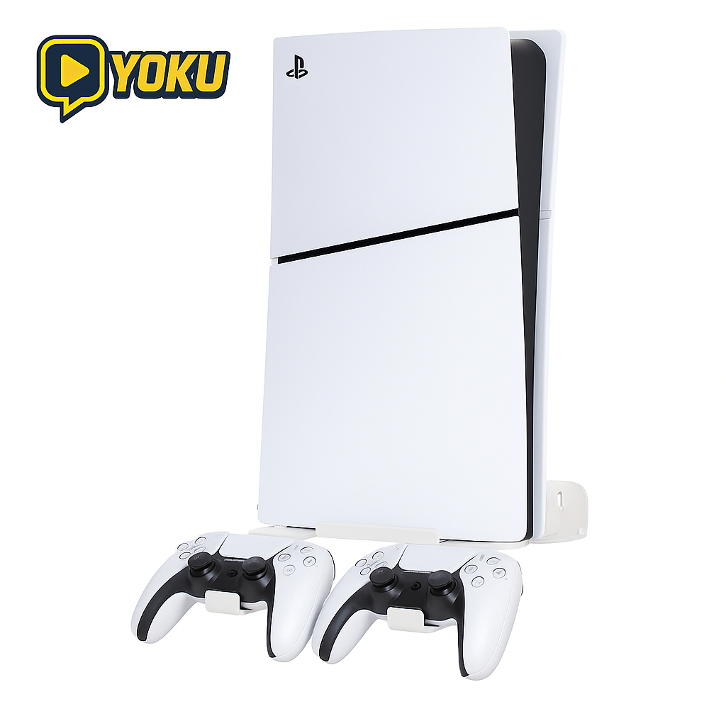 ชั้นวางติดผนัง PS5 /PS5 Slim/PS5 Pro พร้อมที่แขวนจอย+หูฟัง | วัสดุเหล็ก+ABS รองรับทุกเวอร์ชัน ประหยัดพื้นที่