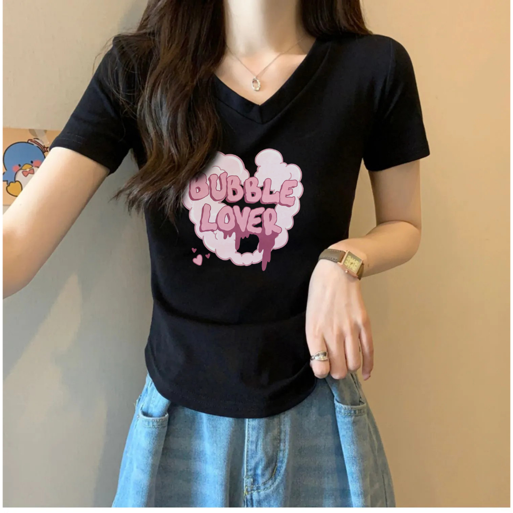 store- E เสื้อยืดคอวี แขนสั้น เข้ารูป แฟชั่นฤดูร้อน สําหรับผู้หญิง[ T4 ]