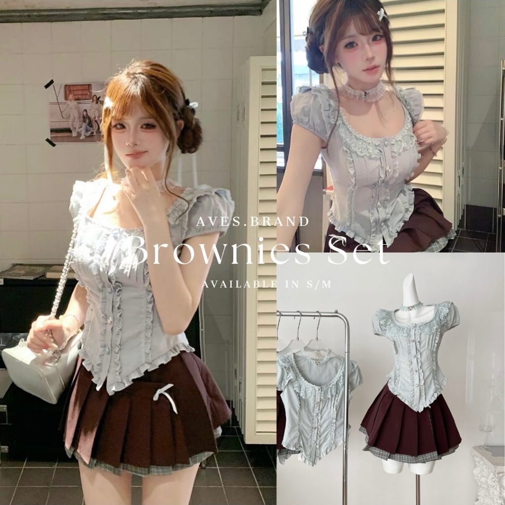 AVES.BRAND BROWNIES SET ชุดเซ็ตเสื้อตุ๊กตาสีฟ้า กระโปรงน้ำตาล