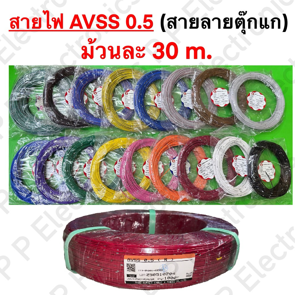 สายไฟ AVSS (สายไฟลายตุ๊กแก) ขนาด 0.5 ของไทยซัมมิต (Thai Summit) ความยาวม้วนละ 30 และ 100 เมตร.  ส่งเร็ว ส่งจากไทย!!