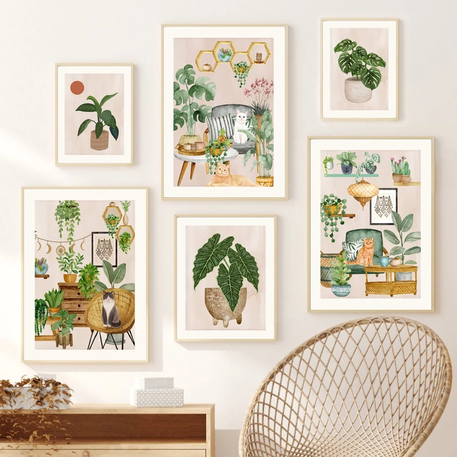 (พร้อมส่งจากไทย ภาพรวมกรอบ)รูปแมว Monstera Green Houseplant Boho สไตล์นอร์ดิก สําหรับตกแต่งผนัง ห้องนั่งเล่น