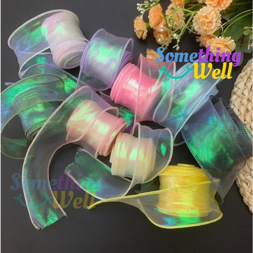 (ตัดแบ่ง 1 หลา) ริบบิ้นผ้าแก้วโฮโลแกรม ริบบิ้นชีฟองหางปลา 4 เซน | DIY ของขวัญ งานฝีมือ ตกแต่งกล่อง