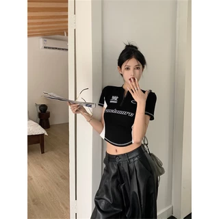 พร้อมส่งในไทย*** เสื้อครอป เสื้อยืดแขนสั้นเข้ารูป สกรีนลายด้านหน้า Y224