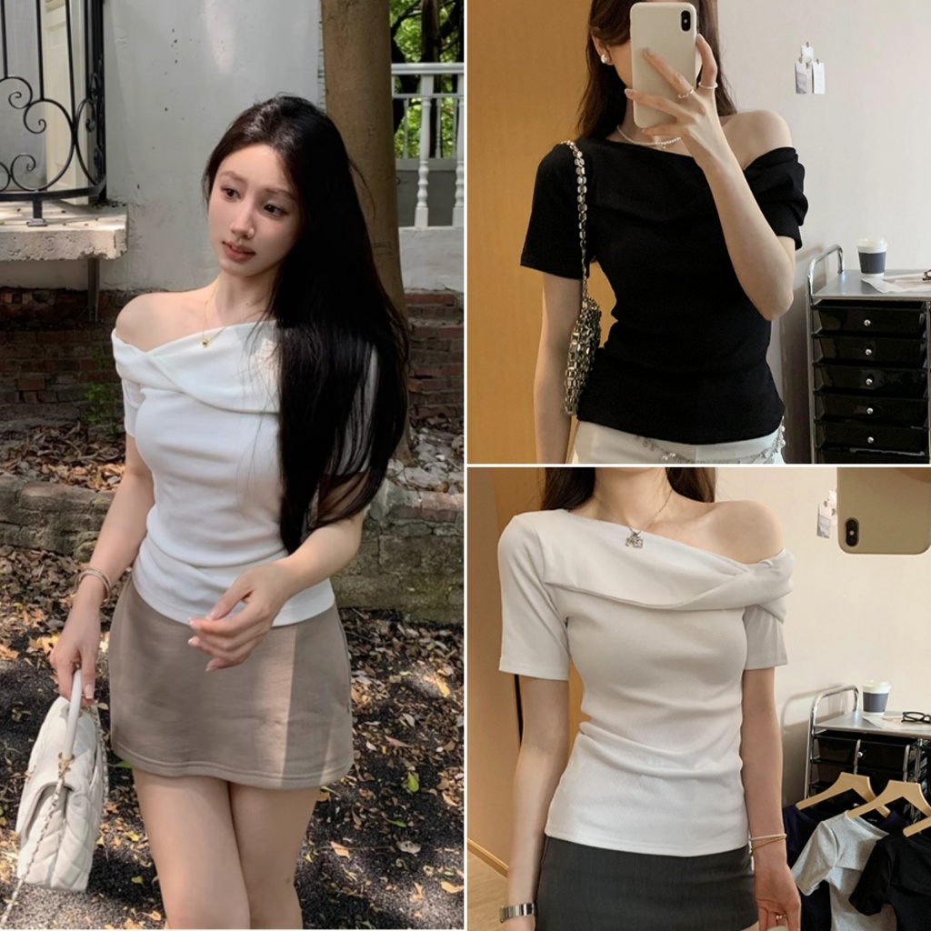 cherryshop พร้อมส่ง เสื้อยืดแขนสั้นเปิดไหล่ผู้หญิงสไตล์เกาหลีแบบเผ็ด สไตล์สลิมฟิต ผ้าเนื้อนุ่ม หวานและเซ็กซี่