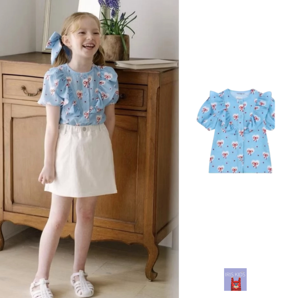 【พร้อมส่ง】Iris kids l IKS24624 Gift bow blue top เสื้อผ้าเด็ก  สไตล์เกาหลี ใส่เที่ยว ไม่ร้อน