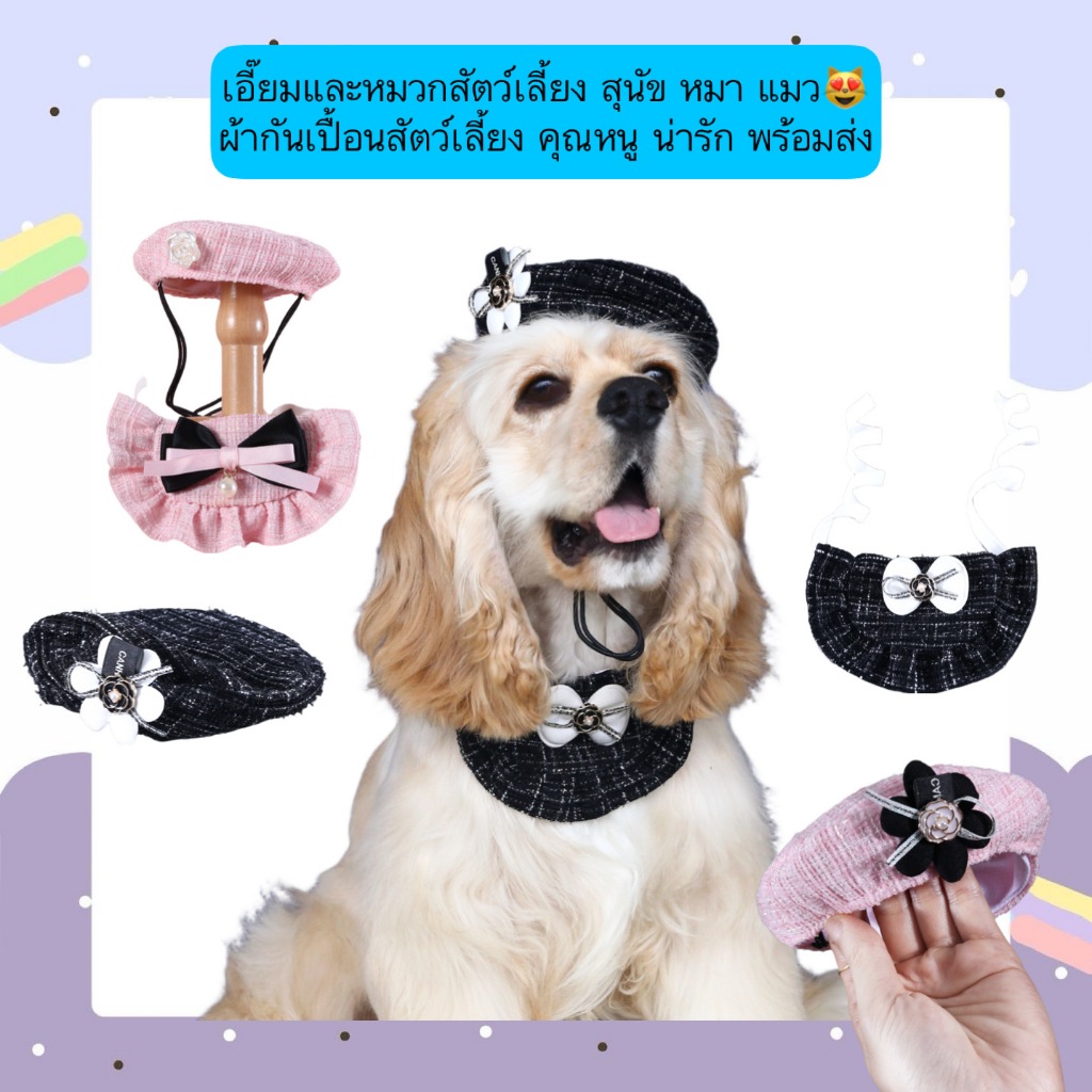 PP-1332 ชุดเอี๊ยมและหมวกสำหรับสัตว์เลี้ยง สุนัข หมา แมว ผ้ากันเปื้อนสุดน่ารัก สไตล์คุณหนู พร้อมจัดส่งทันที
