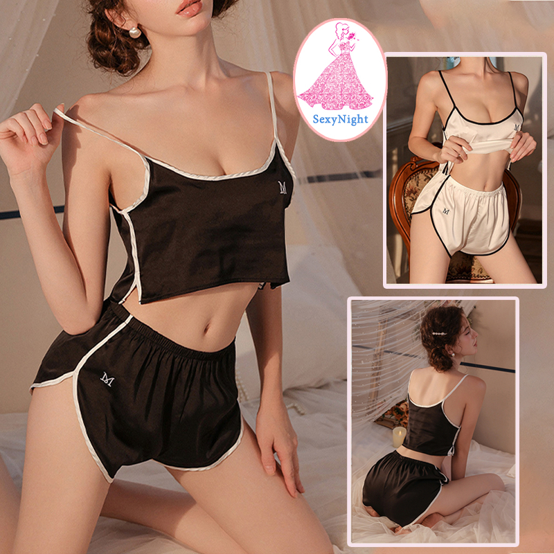 SexyNight ชุดนอนเซต ชุด 2 ชิ้น เสื้อกั๊ก + กางเกงขาสั้น สไตล์ลำลอง สายเอี๊ยม บาง เนื้อผ้าใส่สบาย ส่งจากไทย