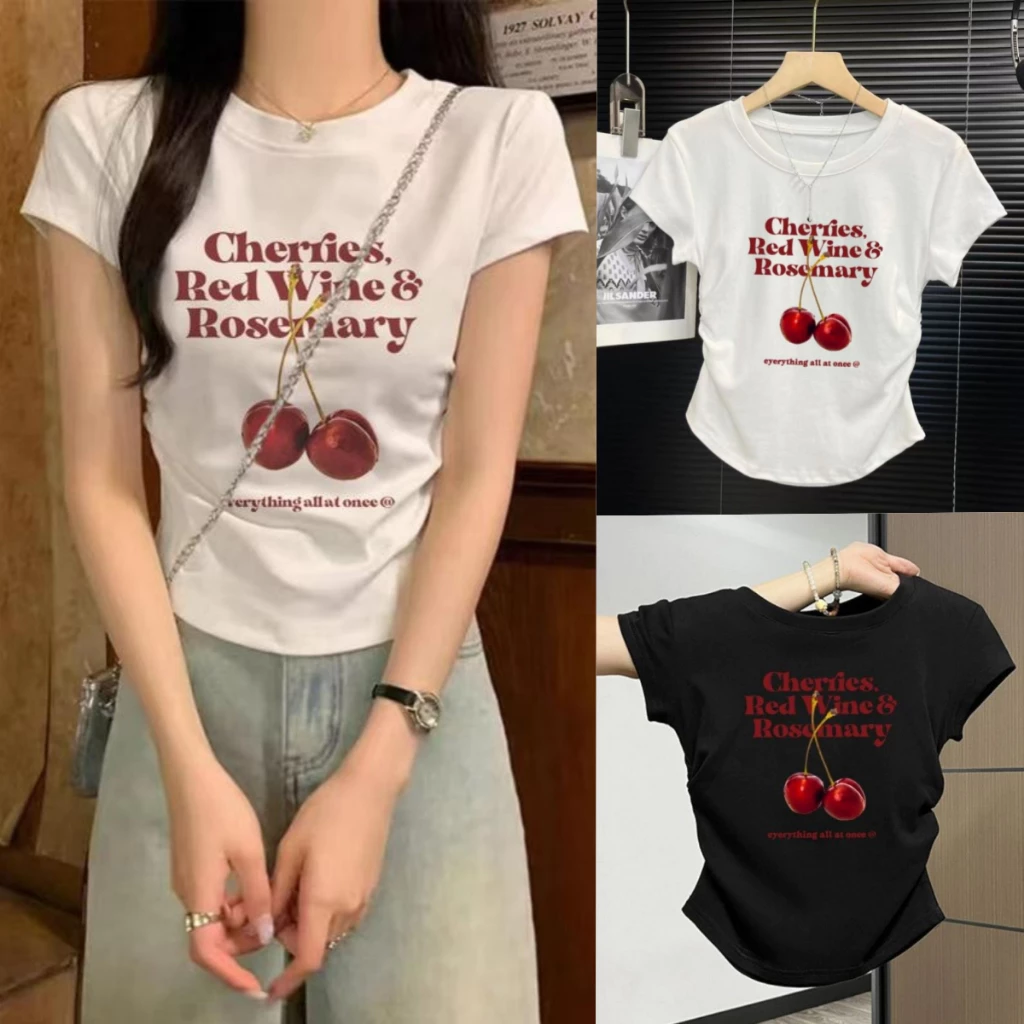เสื้อยืดเเขนสั้นผู้หญิง เสื้อครอปพิมพ์ลาย สายหวาน ใส่เเล้วดูผอม ใส่สบาย เเมทช์ง่ายป #2325