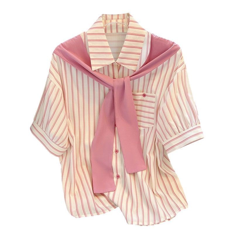 เสื้อเชิ้ตแขนสั้นลายทางปลอมสองชิ้นดีไซน์เก๋ไก๋ช่วงฤดูร้อน 2025 แฟชั่นใหม่ทั้งตัวเสื้อและเสื้อเชิ้ต - รูปที่ 6