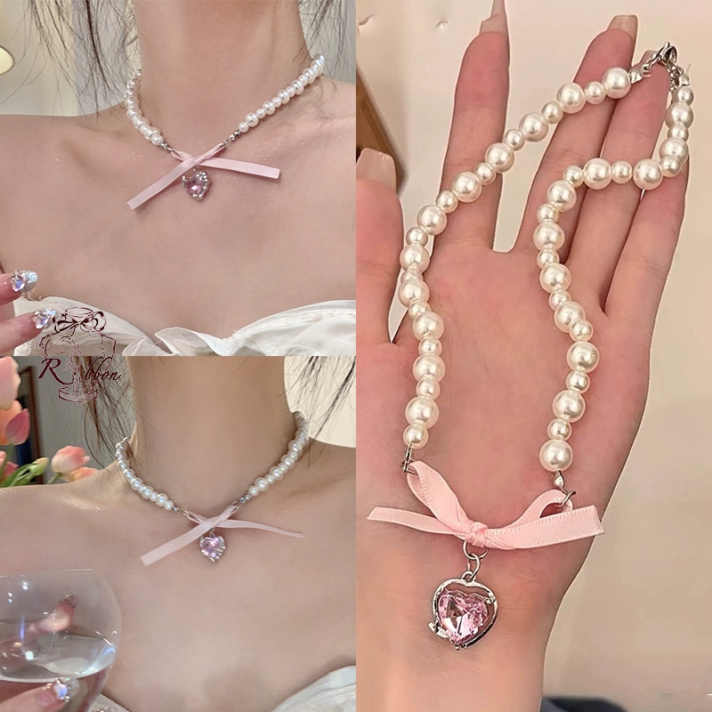 RibbonIsland💗สร้อยคอพร้อมจี้ สร้อยคอพร้อมจี้ สไตล์เกาหลี ประดับเพชร แฟชั่น จี้โบว์ จี้หัวใจเครื่องประดับมุก พร้อมส่งในไท