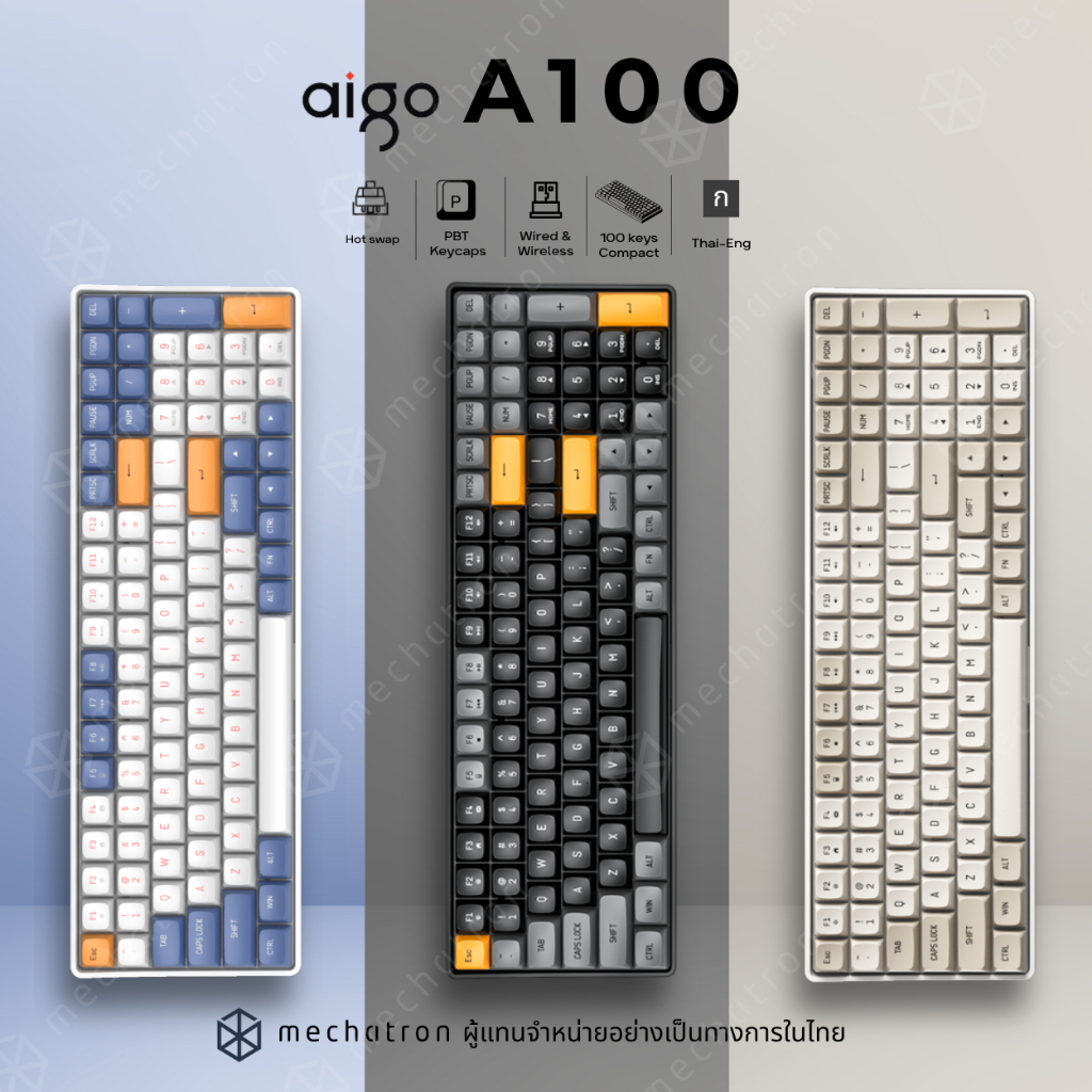 Aigo A100 เมคานิคอลคีย์บอร์ด 100 ปุ่ม ภาษาไทย ไร้สาย  Mechanical Keyboard Hot-Swap Wireless