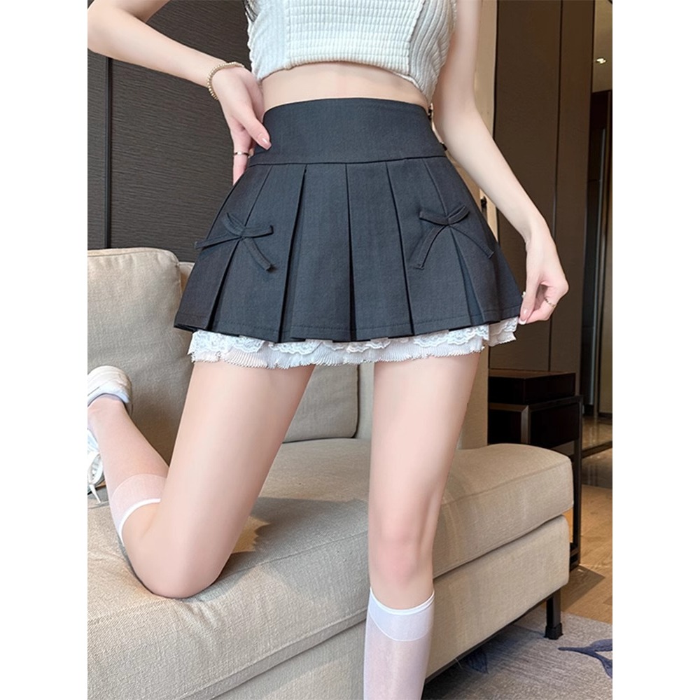 🎀กระโปรงลูกไม้🎀เย็บปักถักร้อยผู้หญิงน่ารักสวมกระโปรงสั้นตัวอักษรAกระโปรงทรงเอผูกโบว์ลมวิทยาลัย8838# กระโปรงจีบเอวสูง