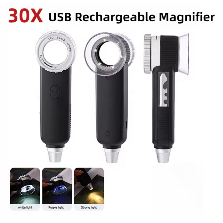 30X แว่นขยาย USB ชาร์จไฟ LED UV ไฟสําหรับผู้สูงอายุอ่านเครื่องประดับเครื่องประดับ Appreciation แว่นข