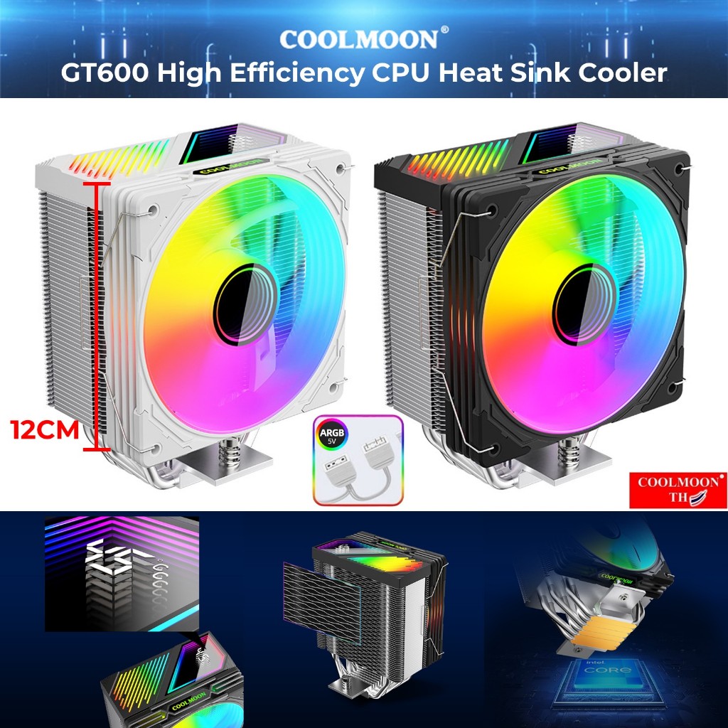 GT600 Heatsink CPU 12cm Cooling Fan ARGB Temperature Monitor intel AMD ซิงค์ลม ระบายความร้อน ซีพียู 