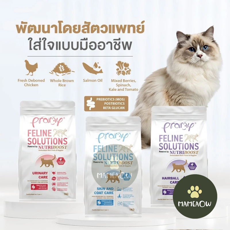 สูตรใหม่ Pramy Feline Solutions อาหารแมวสูตรเฉพาะทาง พัฒนาโดยสัตวแพทย์ ขนาด 1 kg - 2.3 kg