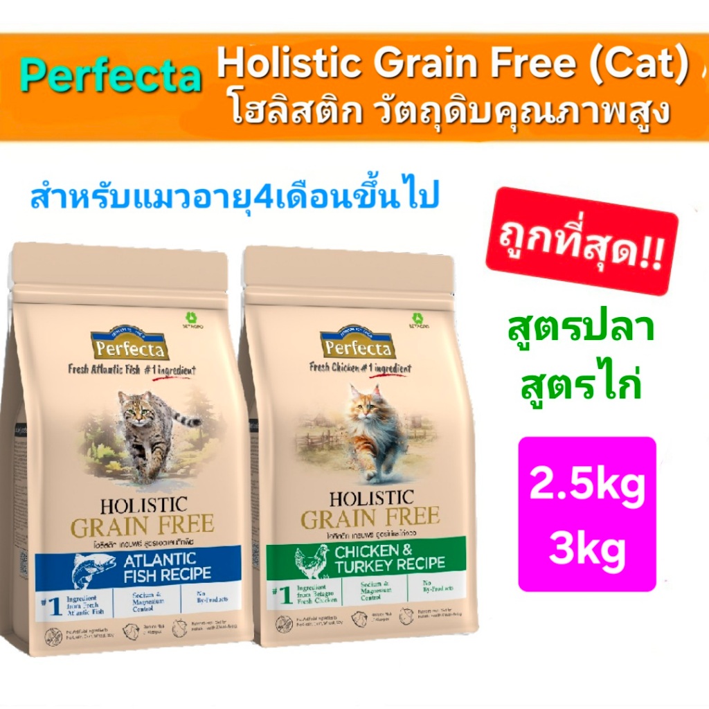 ใหม่ Perfecta Holistic Grain Free ไร้ธัญพืช Cat 2.5kg 3kg เพอร์เฟคต้า โฮลิสติก อาหารแมว วัตถุดิบพิเศษ สูตรไก่ สูตรปลา