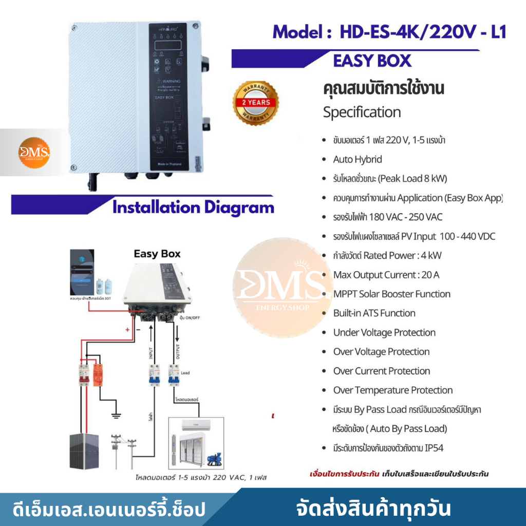 HANDURO EASY BOXไฮฺบริดอินเวอร์เตอร์ 4KW1phase220V ขับโหลดมอเตอร์ 1เฟส 220V, 1-5 แรงม้า แอร์,ปั๊มน้ำ