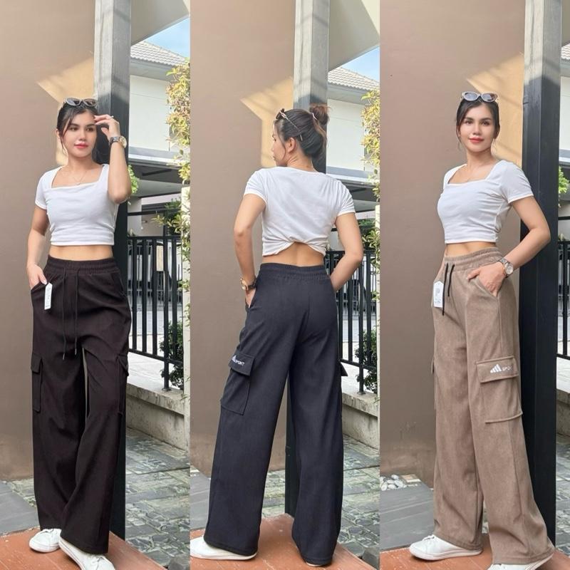 F940กางเกงคาร์โก้ผ้าลูกฟูกผ้านุ่มกระเป๋าสี่ช่องใส่สบายPants Women Clothing ผู้หญิง