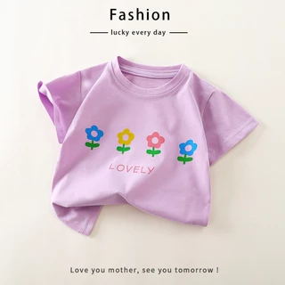 เสื้อยืดเด็กผู้หญิง เสื้อแขนสั้นเด็กหญิง ผ้าฝ้าย นุ่มสบาย ลายดอกไม้ สำหรับเด็กหญิง0-12ขวบ