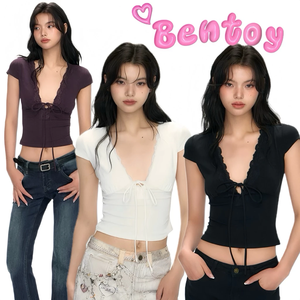 Bentoy(1006)เสื้อยืดแขนสั้นคอวีลึก ดีเทลแต่งเย็บลูกไม้หน้าอก เซ็กซี่ มีสายผูกด้วย