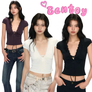 Bentoy(1006)เสื้อยืดแขนสั้นคอวีลึก ดีเทลแต่งเย็บลูกไม้หน้าอก เซ็กซี่ มีสายผูกด้วย