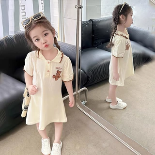 1-9 ปี ชุดกระโปรงเด็กผู้หญิง ชุดเดรสโปโล ลายหมี แฟชั่นฤดูร้อน สไตล์เกาหลี สําหรับเด็กผู้หญิง