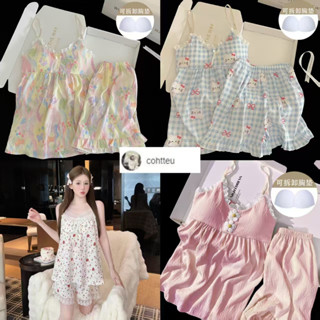 ชุดนอนเวอร์ชั่นเกาหลี， มาพร้อมกับแผ่นรองหน้าอก，ผ้าฝ้ายคุณภาพ…