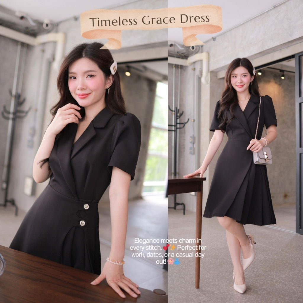 (ความยาว 39 นิ้ว) "Romi"Oil" Timeless Grace Dress (black) K212 ชุดเดรสสีดำ (แต่งกระดุมดอกไม้)