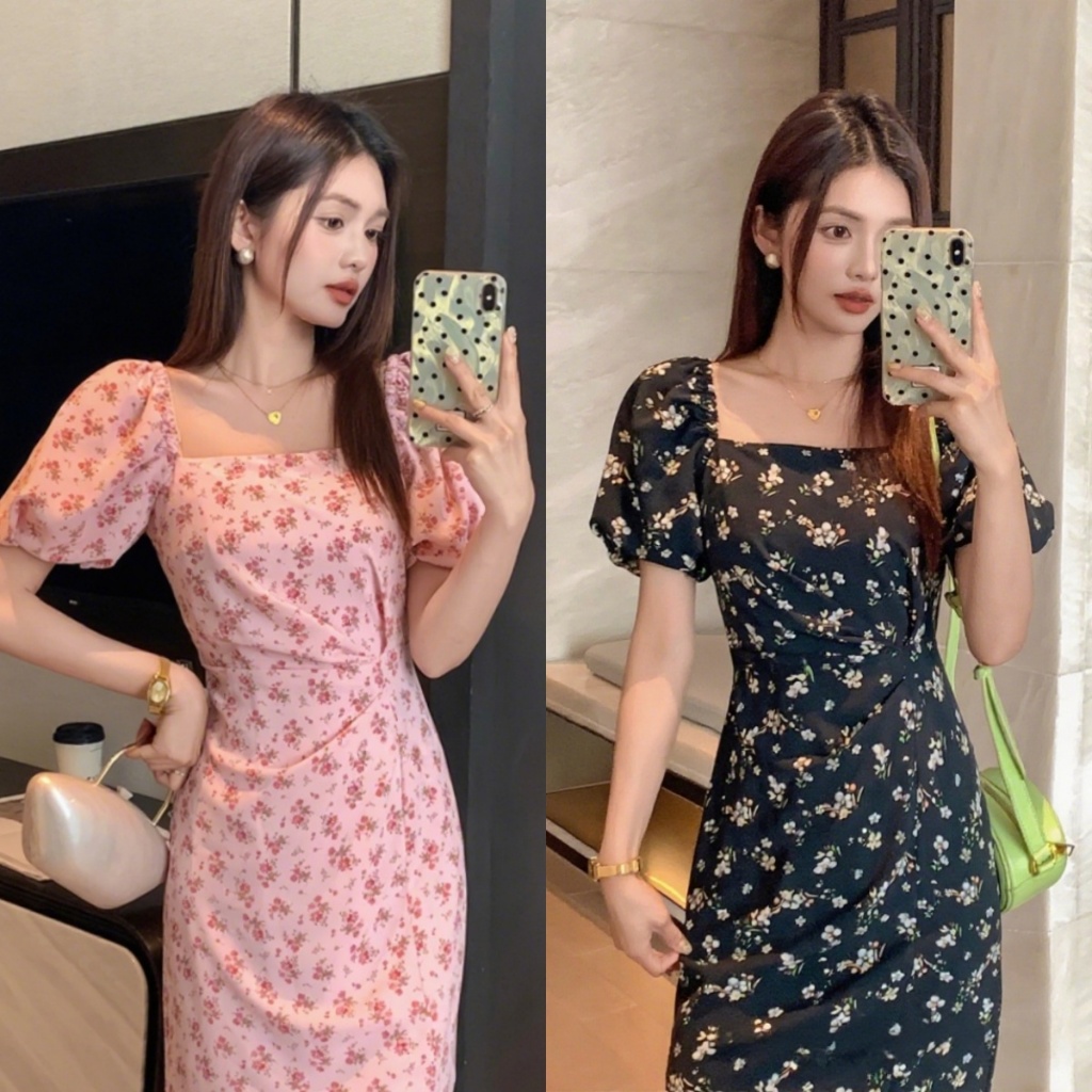Blossom Close🌸tชุดเดรสสไตล์เกาหลี เดรสยาวลายดอกไม้ คอเหลี่ยม แขนพอง ผ้าใส่สบาย